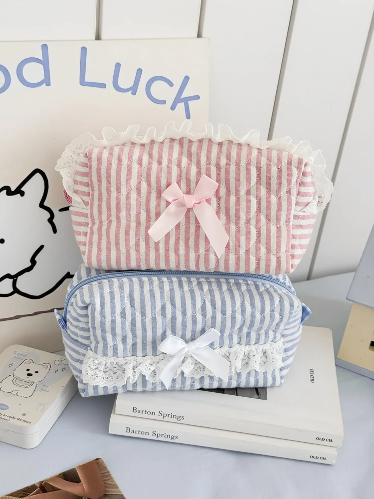 Pink Blue Check Sweet Lace Stationery Organizer Cute Quilted Large Capacity Pencil Case Back To School Pencil Pouch