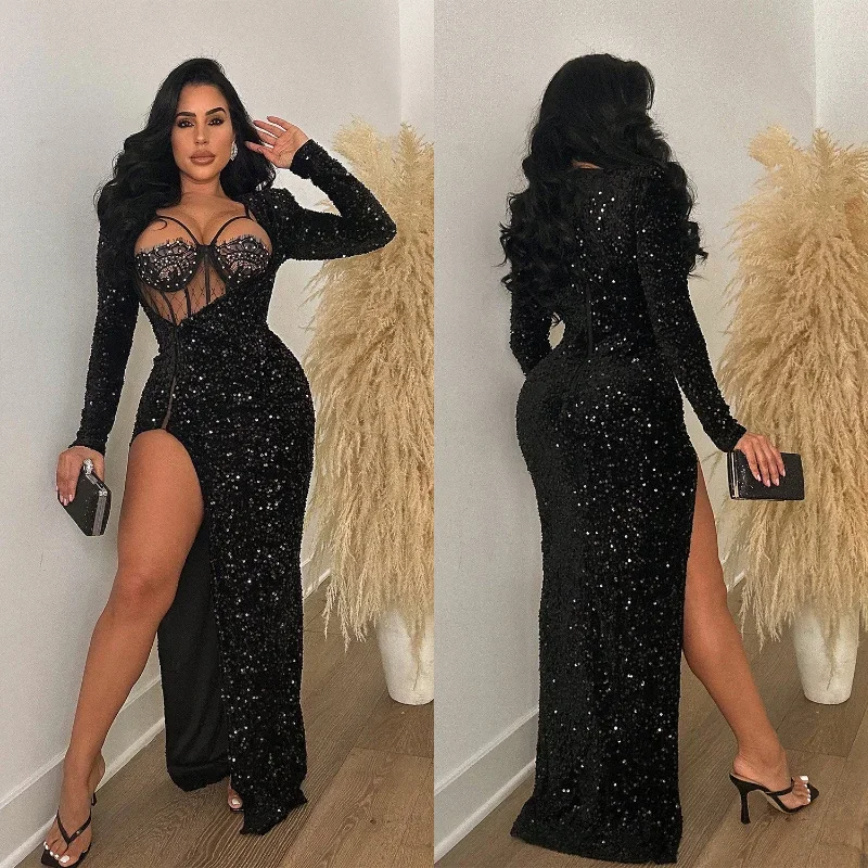 Sheer Mesh Patchwork Sequins Maxi Dress Women Sexy Long Sleeve Irregular Vestidos Luxury Side Split Evening Dresses Clubwear