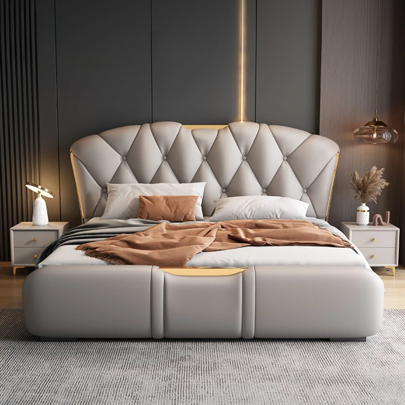 Cheap Master Aesthetic Double Bed Bedrooms Nordic Modern King Double Bed Frame Faux Leather Camas Matrimonial Home Furniture