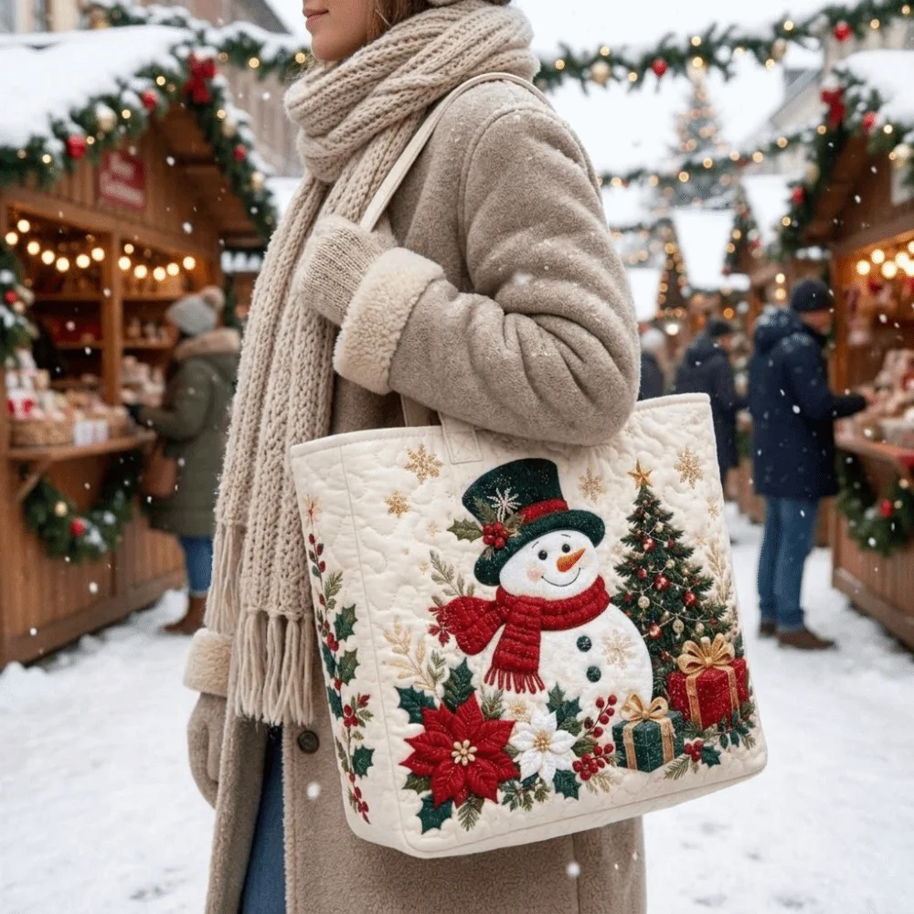 Cartoon Pattern Christmas Print Storage Bag Large Capacity Wear Resistant Grocery Shopping Bag Quilted Texture Gift Storage Bag
