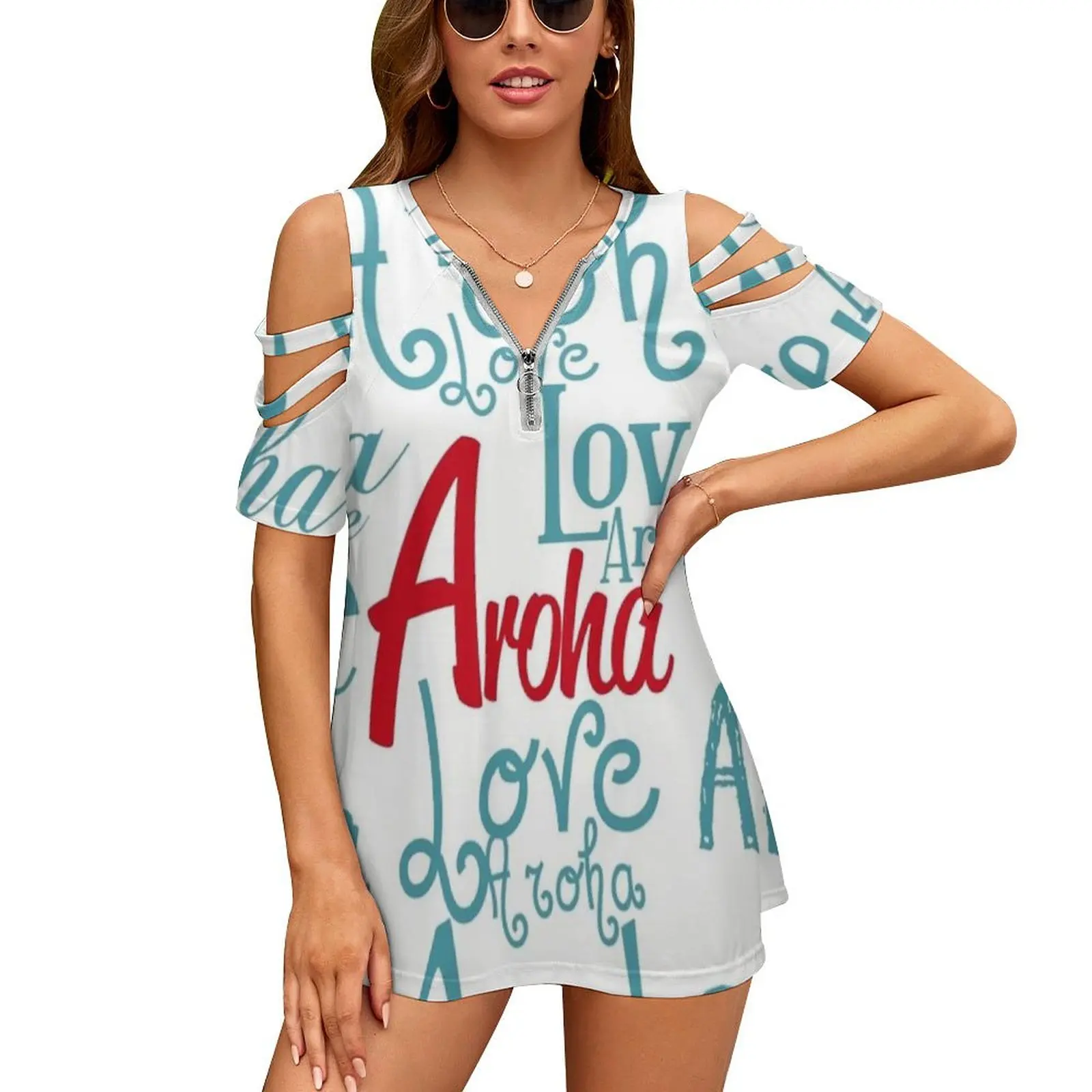 Aroha New Fashion Zip Off Shoulder Top Short-Sleeve Women Shirt Aroha Love Red Blue Turquoise Maori Te Reo Language Travel