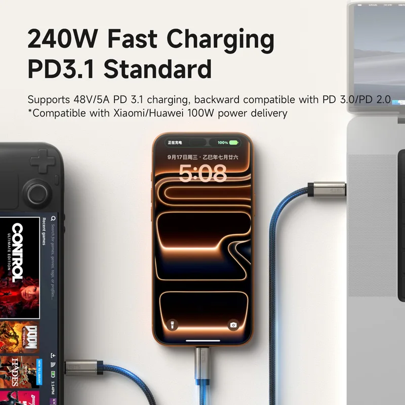 Kabel Hagibis TBT5 Super Miękki USB C, Szybkość transmisji 120 Gbps, Szybkie ładowanie 240 W, Obsługa wideo 16K/8K, Kompatybilny z Thunderbolt 4 — zdjęcie produktu 6