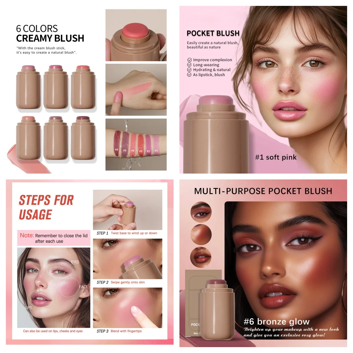 Beauty Multi-use Blush Stick For Lips Cheek Long-lasting Hydrating Highlights Brighten Soft Natural Flush Cream Blush Stick