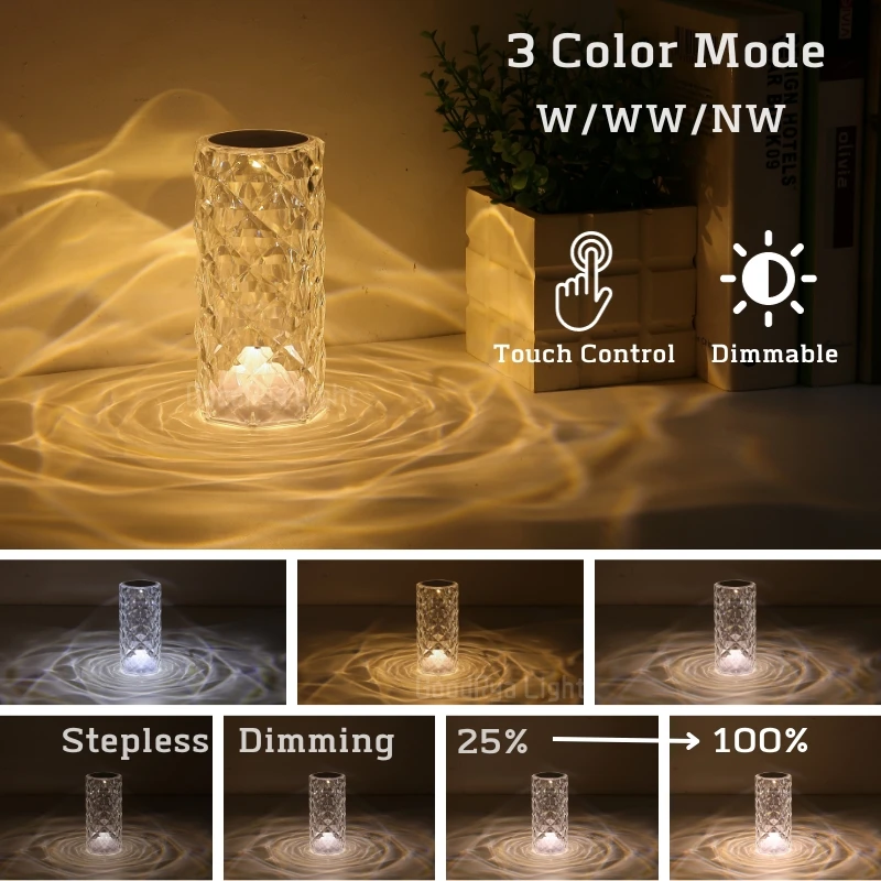 LED Round Crystal Table Lamp Touch Remote Control RGB Romantic Rose Colour Changing For Bedroom Bedside Decoration Night Lights