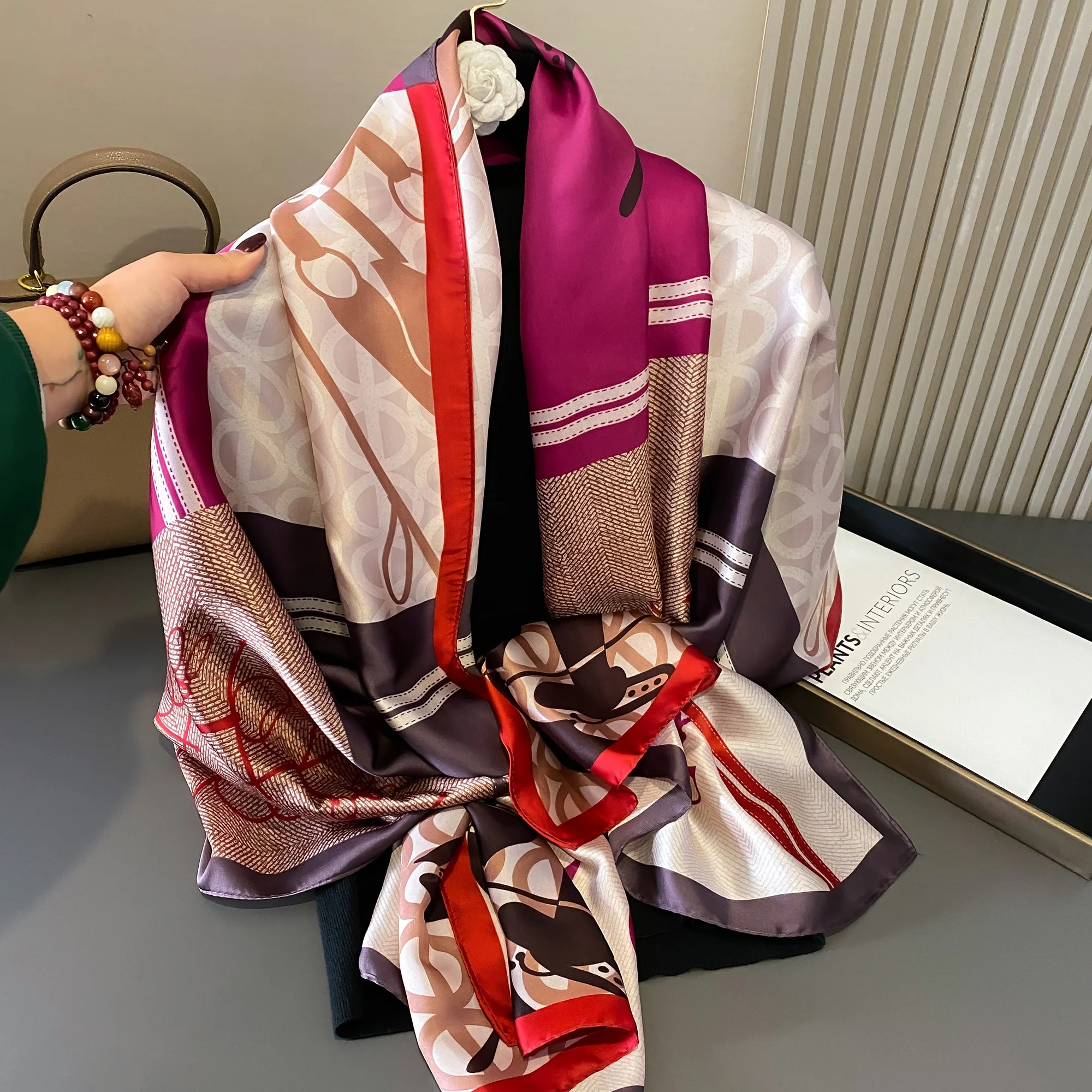 180*90cm Luxury Brand Women Summer Silk Scarves Shawls Lady Wraps Soft Female Geometry Beach Stole Bandanna Foulard Muffler