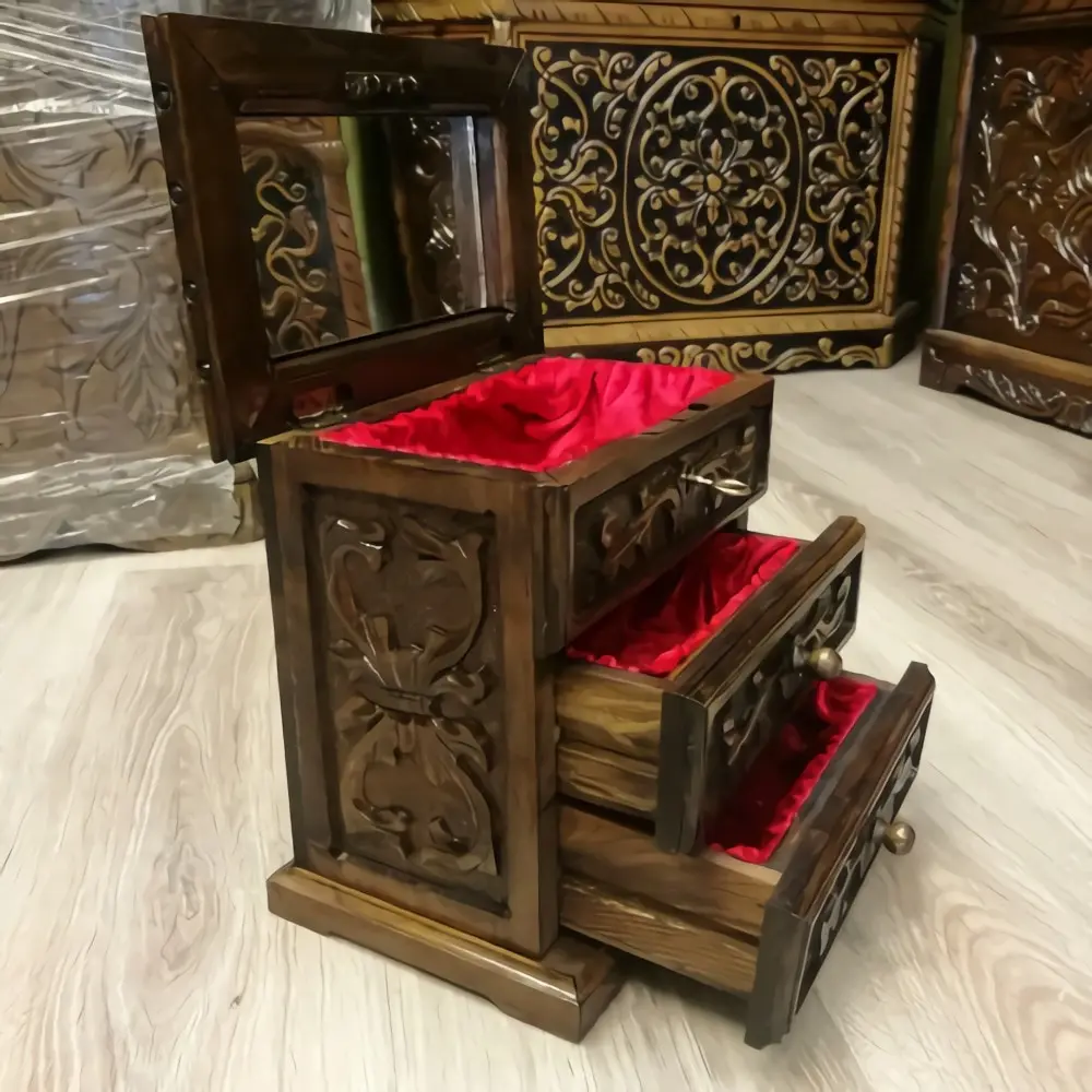 

Carved Chest for Jewelry and Rosary with 2 Drawers Chest Handmade Pure Walnut Hand Carved Velvet Slab Luxury Jewelry Box