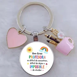 Gift for teachers with Spanish printed handmade glass convex circular keychain, DIY keychain