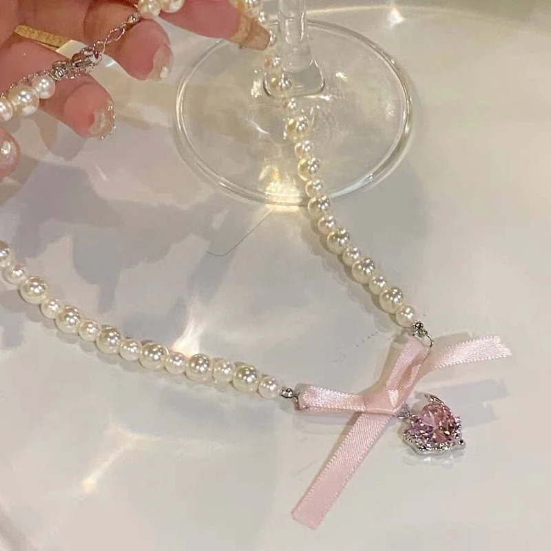 القوس الحب الصليب تقليد اللؤلؤ قلادة قلادة للنساء الفرنسية رومانسية الحلو لوليتا سلسلة الترقوة Harajuku Y2K مجوهرات هدايا #1