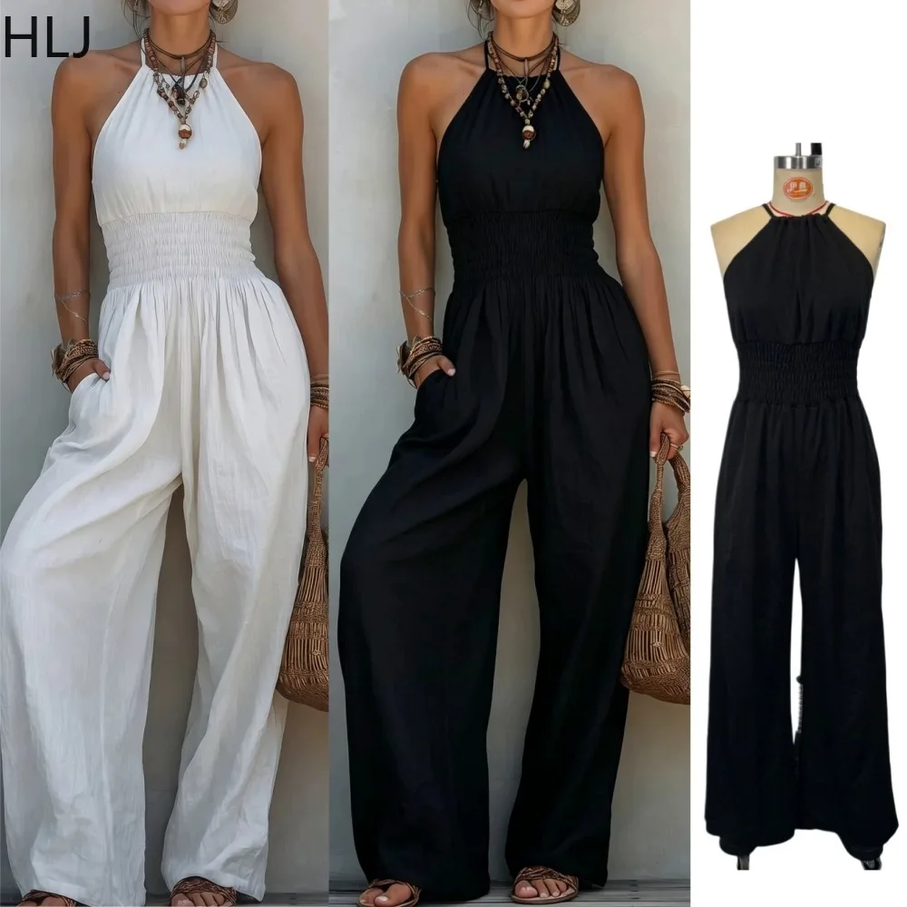 HLJ 2026 Mono Blanco Halter para Mujer, Sin Mangas, Pantalones Anchos con Bolsillos, Casual, Verano, Vacaciones, Estilo Boho, Ropa de Playa, Nuevo
