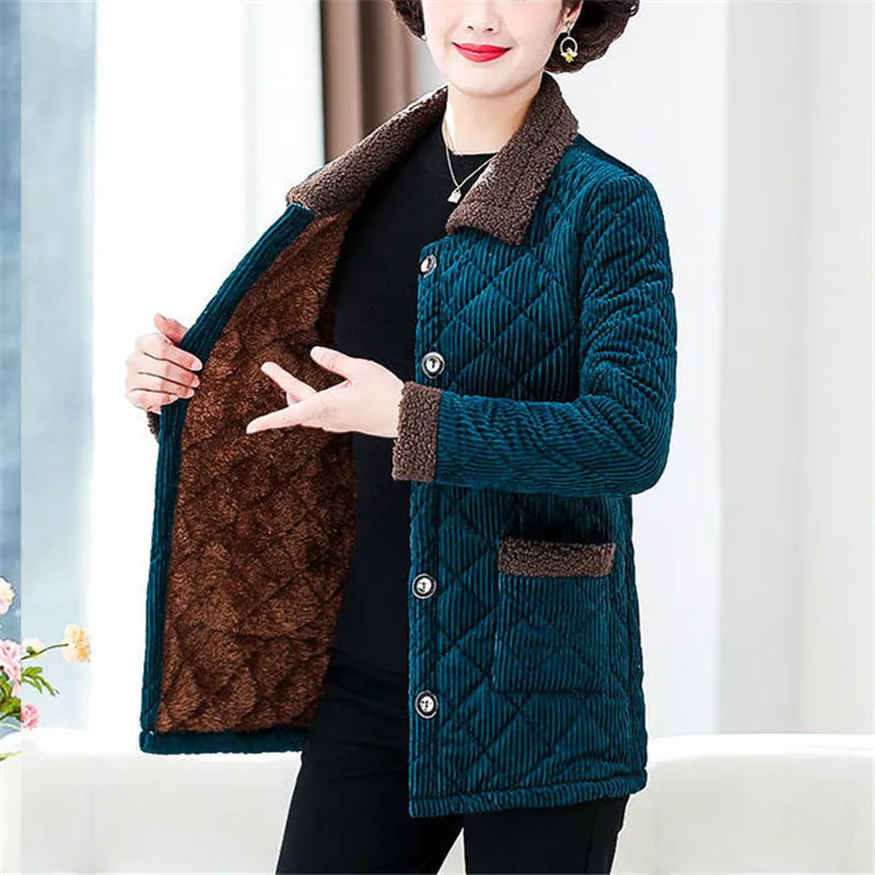 

Mother Winter Jacket New Add Velvet Thicken Corduroy Coat Middle-aged Women Cotton Padded Parkas Large Size Warm Corduroy Jacket