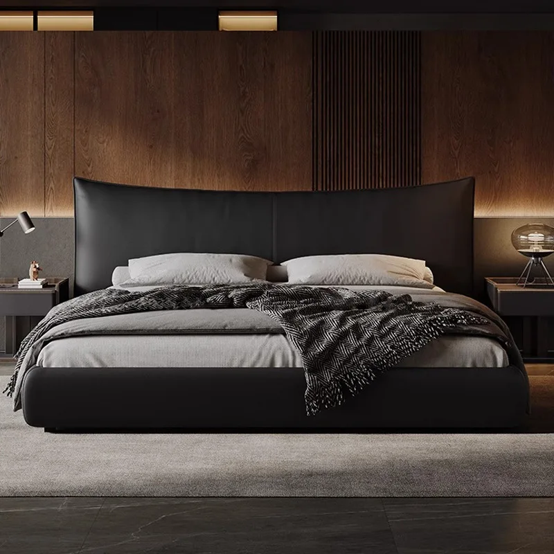 

Italian minimalist Chanel leather bed first layer human bed 1.8 meters black soft
