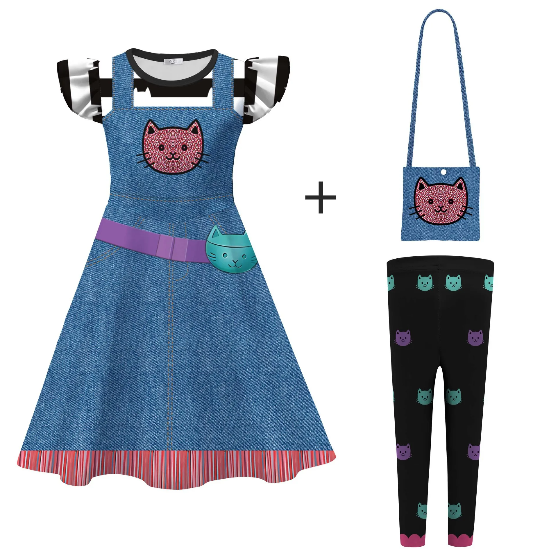 

Girls Toy House Costume Flying Sleeve Cat Print Dress Leggings Bag For Kids Gabby Halloween Birthday Party Christmas Outfits