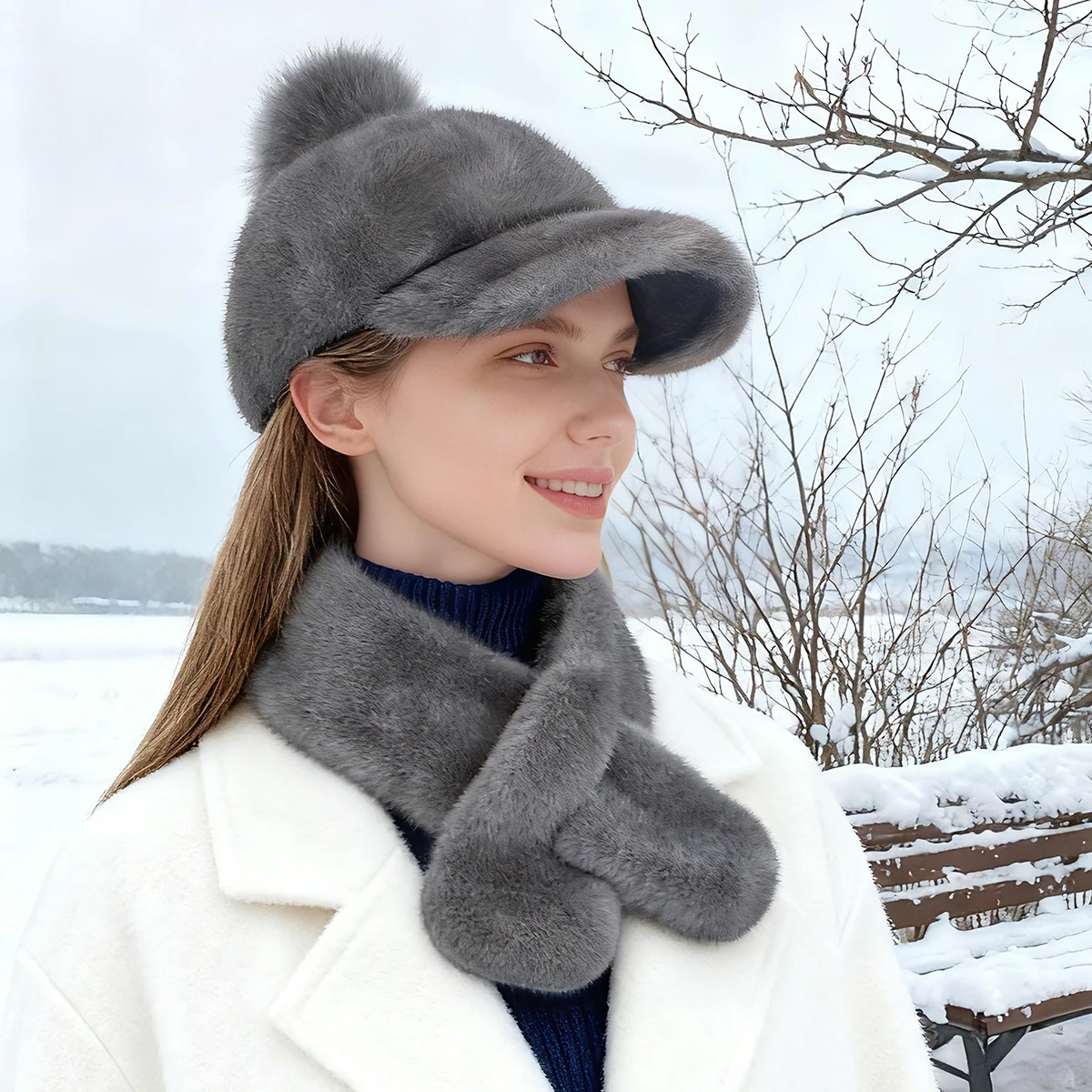 autumn-winter-faux-mink-fur-baseball-cap-for-women-with-pom-pom-faux-fur-warm-fleece-hat-scarf-set-for-outdoor-travel