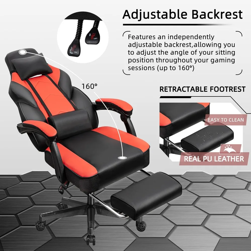 Gaming Chair,Video Game Chair with footrest and Massage Lumbar Support,Height Adjustable Game Chair with 360°Swivel S