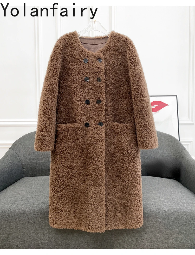 YOLANFAIRY 100% Wool Real Fur Coat Winter Jacket Women 2024 Shearing Long Womens Clothes Casual Lamb Jackets Пальто Женское