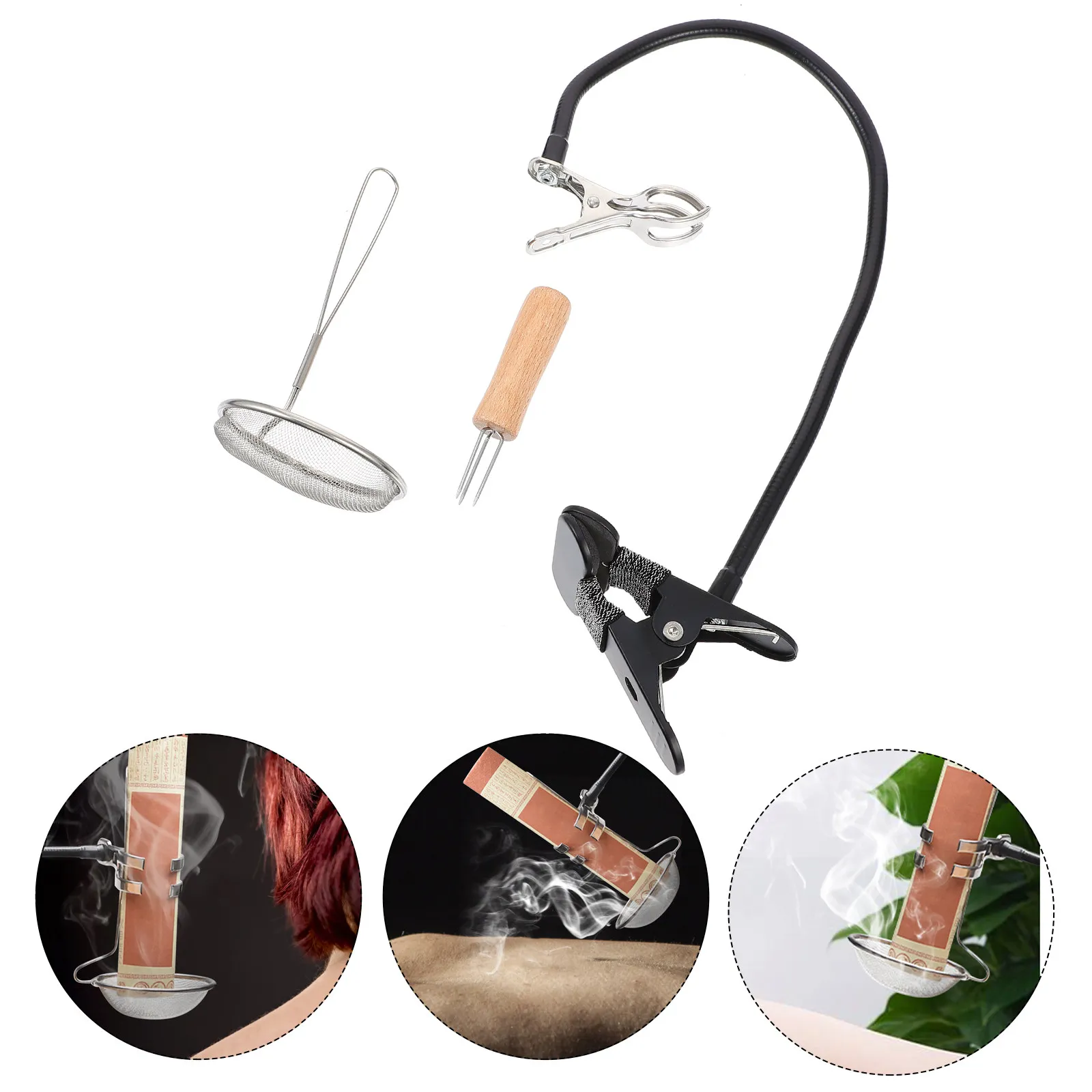 1Set Moxa Stick Holder Metal Flexible Moxa Roll Burner Clip Adjustable Silicone Pad Fixed Moxibustion Tool Portable for Health