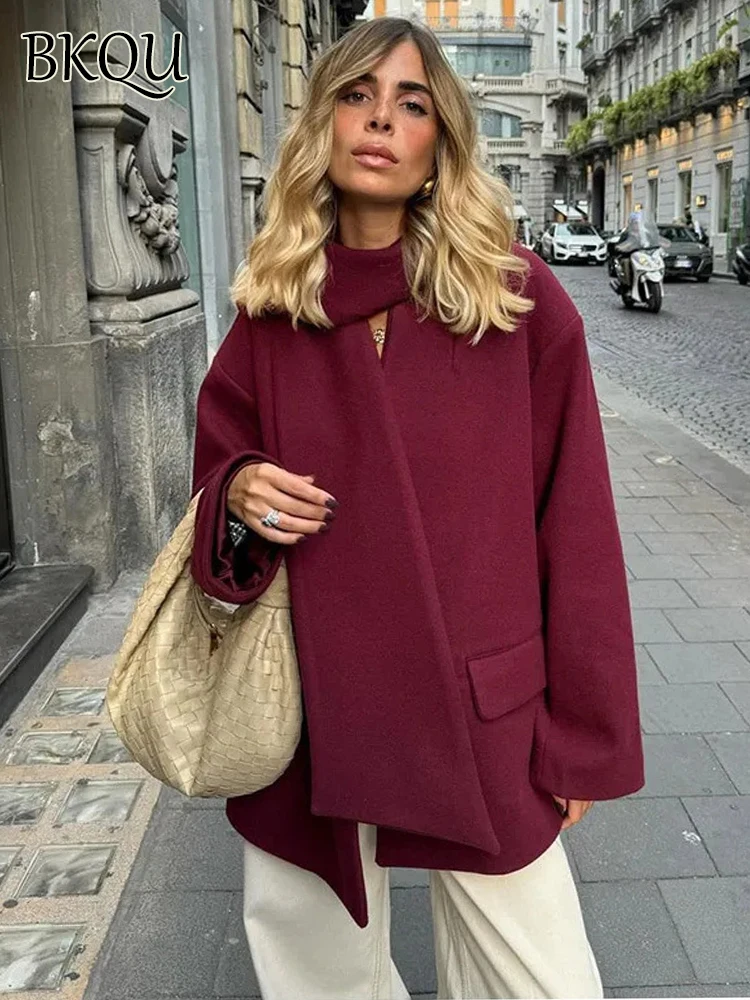 BKQU Elegant Single Breasted Woolen Coat Women Scarf Collar Wine Red Long Sleeve Jacket Chic Lady High Street Loose Warm Outwear