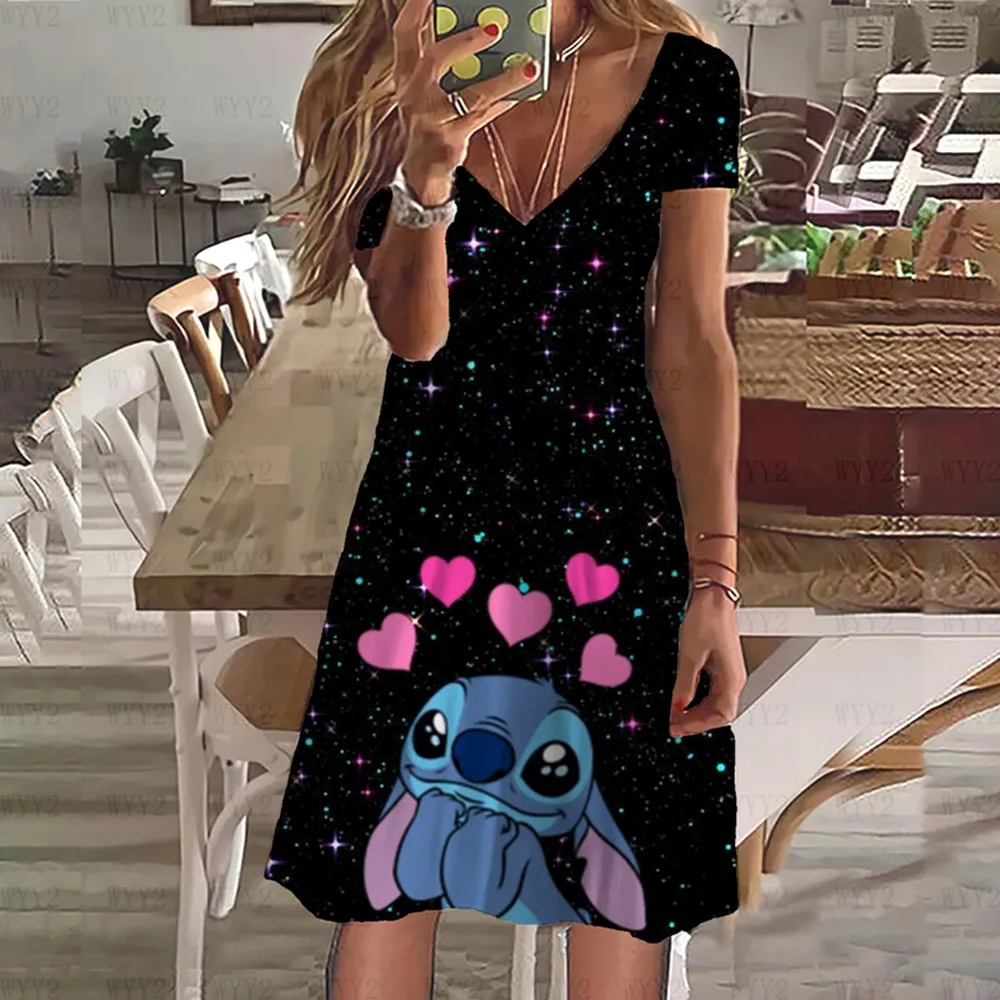 Vestido informal holgado y cómodo con estampado de Stitch de Disney para mujer, falda sencilla a la moda, verano 2024