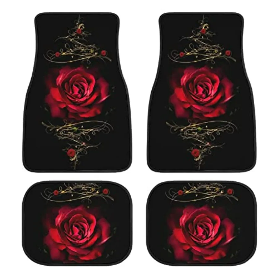 

Red Rose Floral Print Car Floor Mats Set of 4 for Front and Rear Vehicle Carpets Non-Slip Decorative Auto Floor Rugs Universal