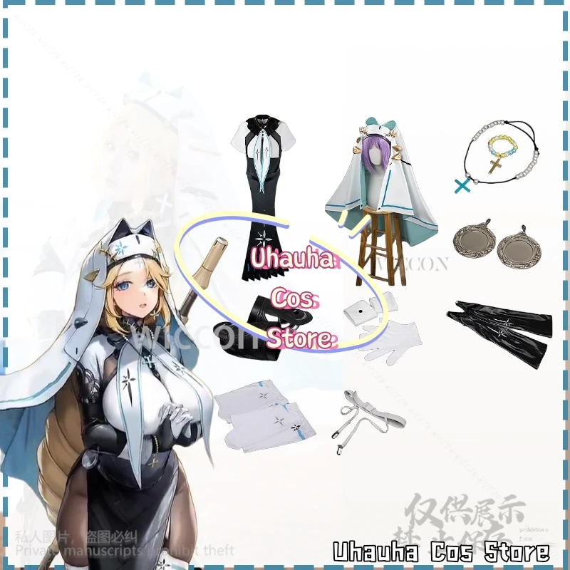 Juego de Anime diosa de la victoria NIKKE Cosplay princesa Sexy vestido de monja sin espalda gótico Punk Lolita Halloween monja sombrero de juego de rol Prop