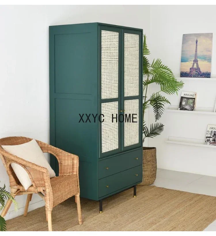 Nordic Rattan Solid Wood Drawer Storage Cabinet Double Door Wardrobe Light Luxury Storage Wardrobe