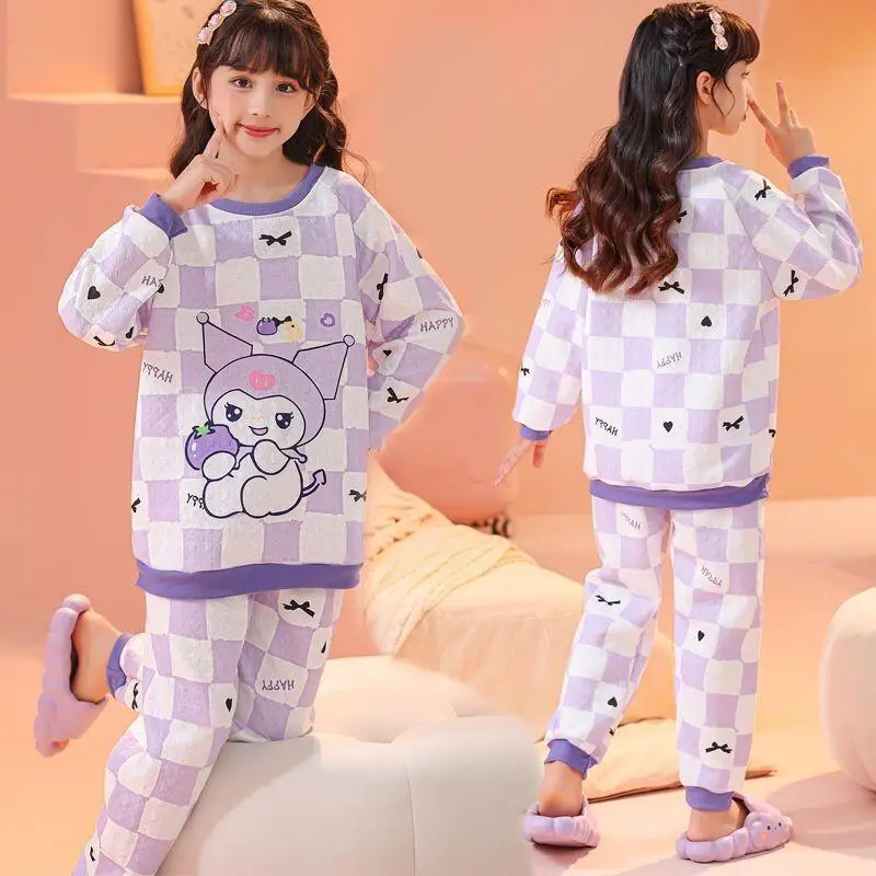 

Sanrio Kuromi Girls Air Cotton Pajamas Set Long Sleeve Thickened Winter Homewear For Baby Kids Sleepwear Loungewear Cute Kawaii