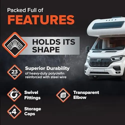 

Комплект сливных шлангов Camco RhinoFLEX для автодомов, 20 футов, с прозрачным коленом и адаптером 4-в-1