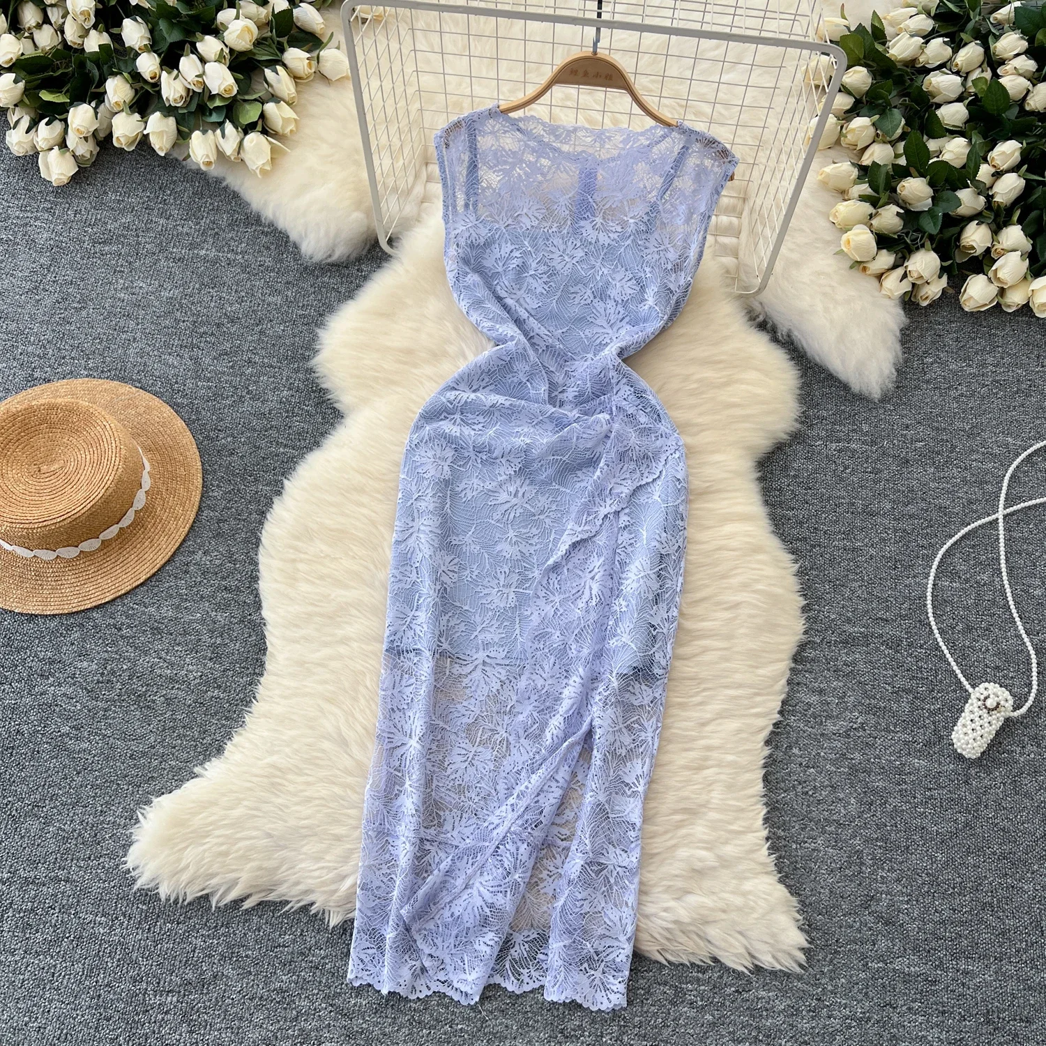 Vintage O-neck Chic Sleeveless Slim See Through Lace Split Dresses and Straps Dress French Evening High Street Women Clothing