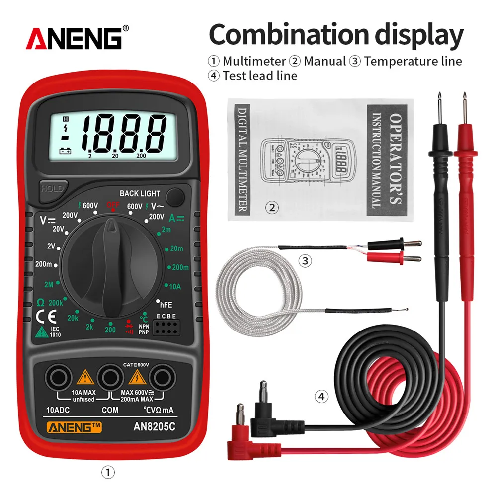 ANENG AN8205C Tragbares Digitales Multimeter AC/DC Spannungs-, Strom- und Widerstandsmessgerät mit LCD-Hintergrundbeleuchtung und Datenhaltefunktion für Elektrische Reparaturen