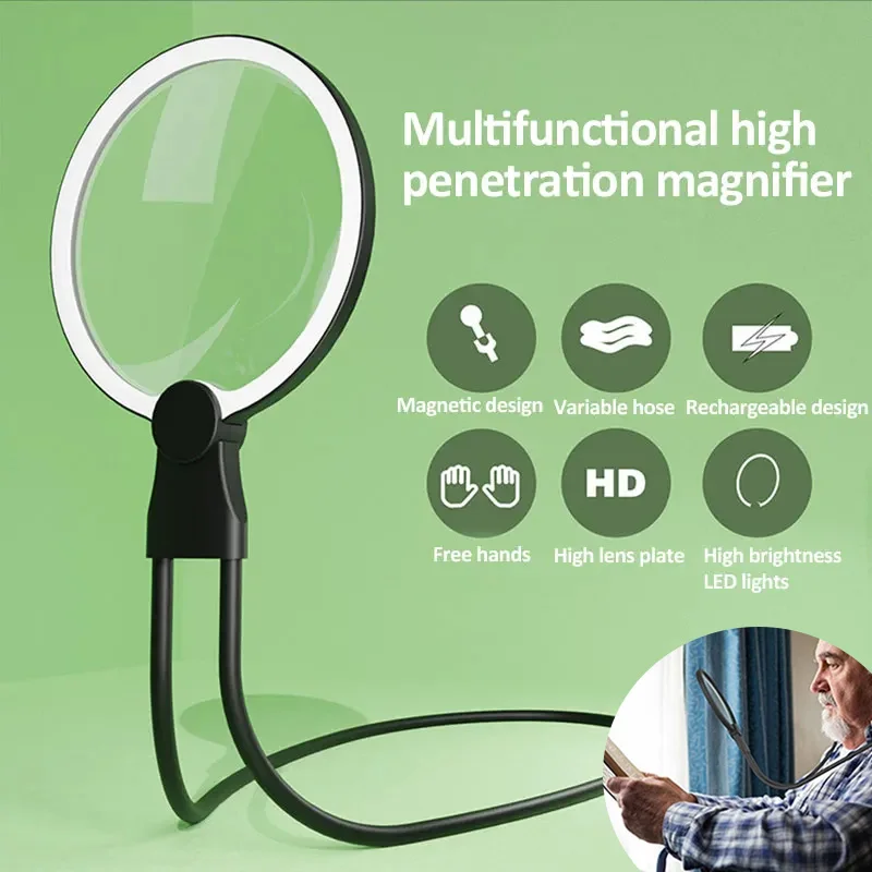 LED Neck Wear Magnifier Handheld Magnifying Glass Rechargeable Desktop Large Screen Lens Magnifier for Reading Sewing Jewels