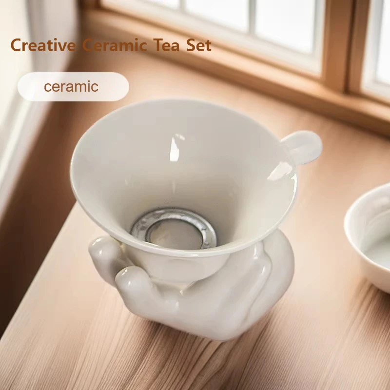 Dehua White Ceramic Jade Hand Buddha Tea Strainer Set – Creative Kung Fu Tea Filter Accessory for Loose Leaf Tea