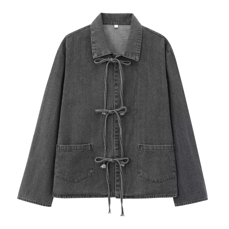เสื้อแจ็คเก็ตยีนส์แขนยาวผูกเชือกสไตล์เกาหลีสำหรับผู้หญิง ฤดูใบไม้ผลิ ทรงหลวม ปกพับได้ เสื้อเชิ้ตยีนส์ผู้หญิง มีกระเป๋า สไตล์เรโทร สีน้ำเงิน เสื้อคลุมผู้หญิง