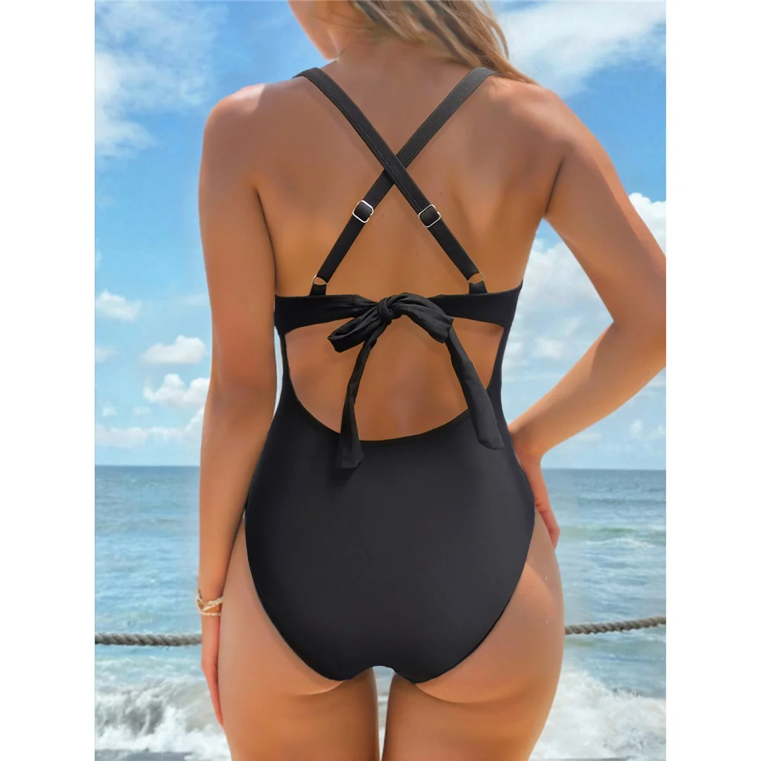 S - XL, einteiliger Badeanzug mit V-Ausschnitt und offenem Rücken, Damen-Badebekleidung, Damen-Monokini mit überkreuztem Rücken, hoher Beinausschnitt, Badeanzug, Badebekleidung, Modell V6862. – Detail 3
