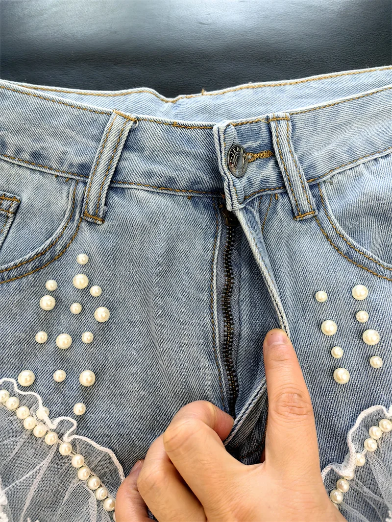 Personality Hole Beaded Spring and Summer Women's High Waist Denim Shorts Stiching Lace