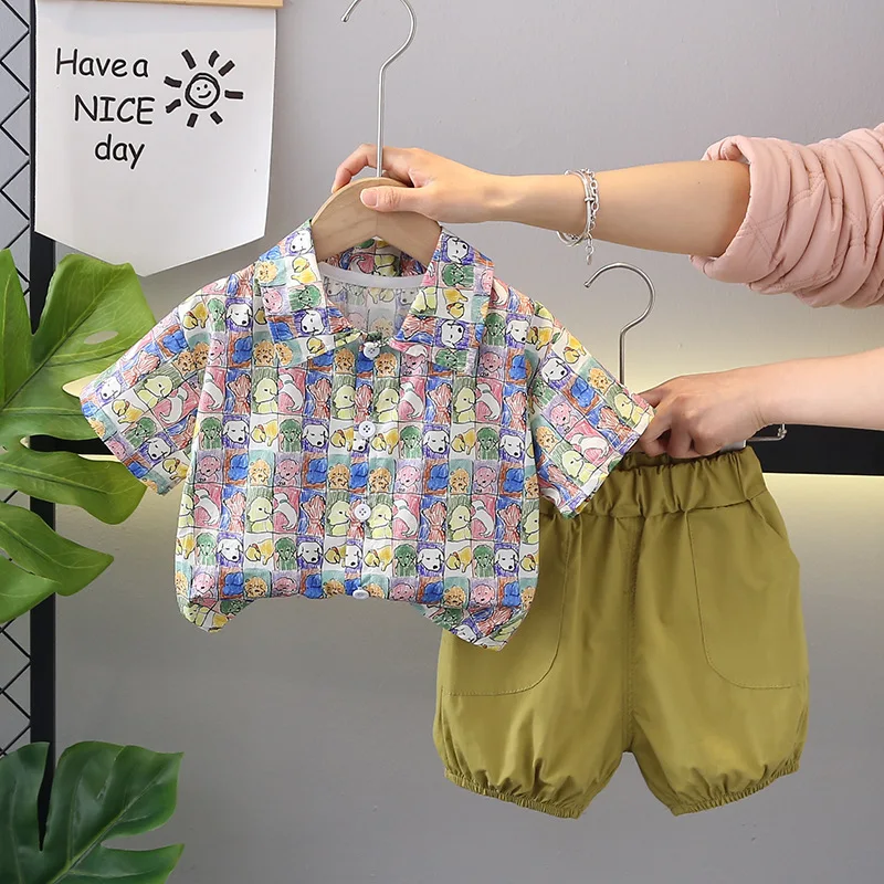 

2024 Summer Outfits for Baby Boy Clothes 1 To 2 Years Cartoon Printed Turn-down Collar Short Sleeve Shirts and Shorts Kids Suits