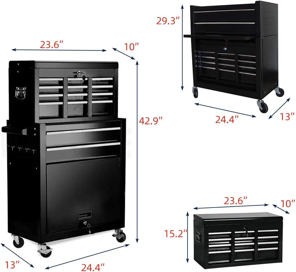 Rolling Tool Chest 2 in 1 High Capacity Tool Box Detachable Organizer Tool Storage Cabinet with 4 Wheels & Lockable Lined Drawer