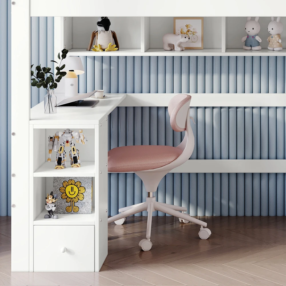 PINGGO Etagenbett für Kinder mit Fallschirmschutzgeländer, Schreibtisch, Kleiderschrank, Stauraum, 4-Stufen-Leiter, Kiefer, MDF, Sperrholz, Weiß, 90x200cm, ohne Matratze – Detail 18