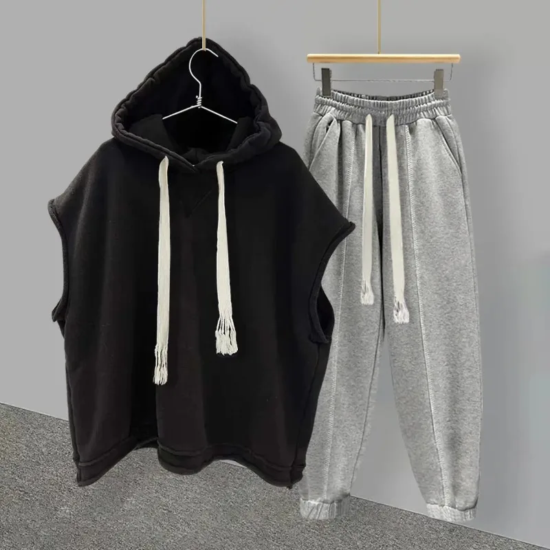 New 2025 Women SuitSolid Color Sleeveless Hood+ Casual Pants Set Women/Men