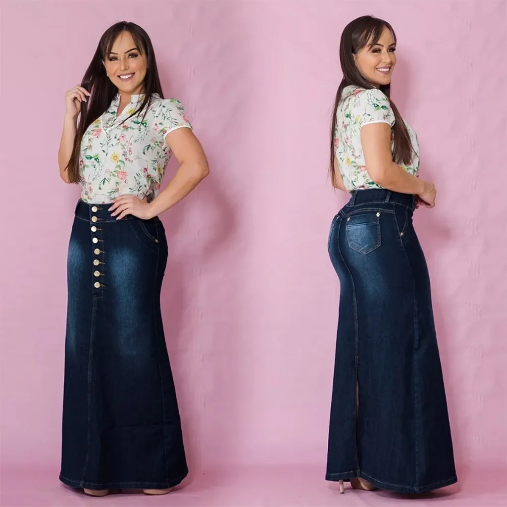 

Denim Skirts Women Casual Front Button A-Line Mid-length Jean Vintage Plus Size Skirt Summer Autumn New Fashion Female Skirts