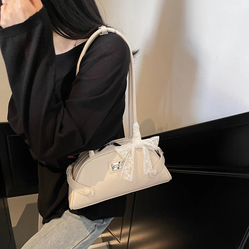 

Women Simple Shoulder Bag PU Leather Bow Leisure Armpit Handbag Solid Color Travel Underarm Handbag Female Dating Bag