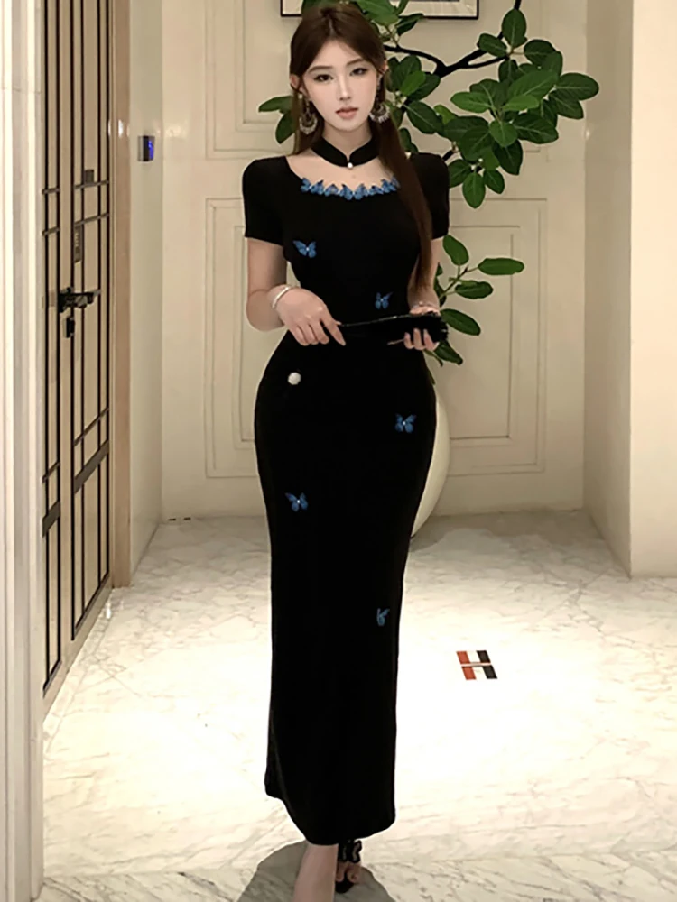 Letnia Czarna Dzianinowa Bawełniana Elegancka Sukienka z Kokardą, Kwadratowym Dekoltem i Długim Rękawem Damska Vintage Hepburn Sukienka na Bal Maturalny 2025 Koreańska Sukienka Bodycon na Imprezę