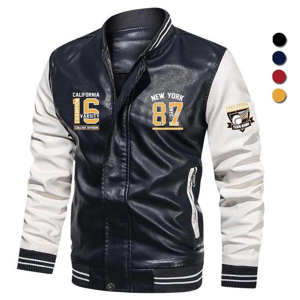 

Biker Leather Jacket Men Embroidery Motorcycle PU Jackets Stand-up Baseball Collar Casual Fleece Coats Winter Streetwear Brand