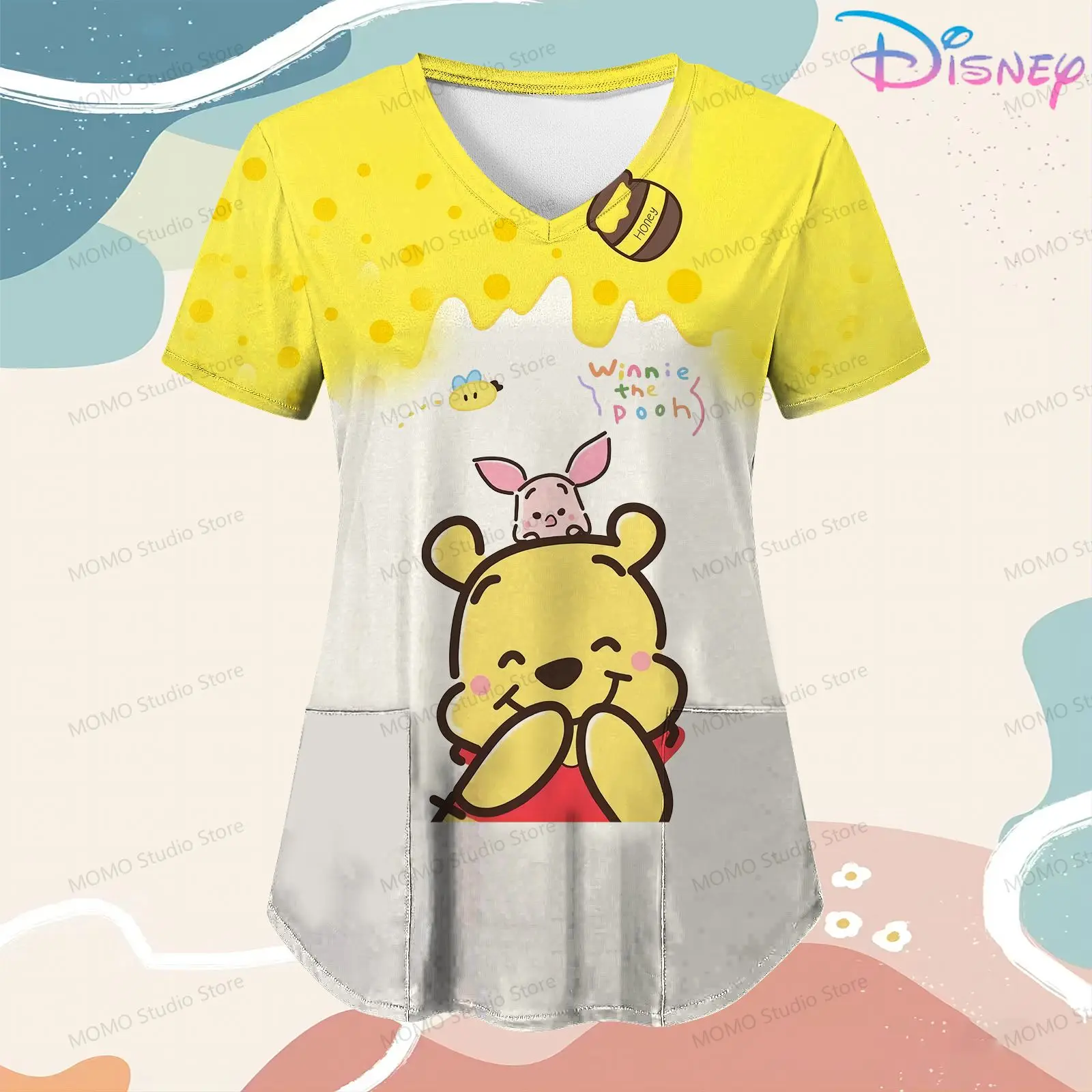 

V Neck Women's Nurse Uniform T-Shirt Pocket Disney Tshirt Winnie Pooh S-2XL Woman Clothes Hospital 2024 New Tops Cute Anime Y2k