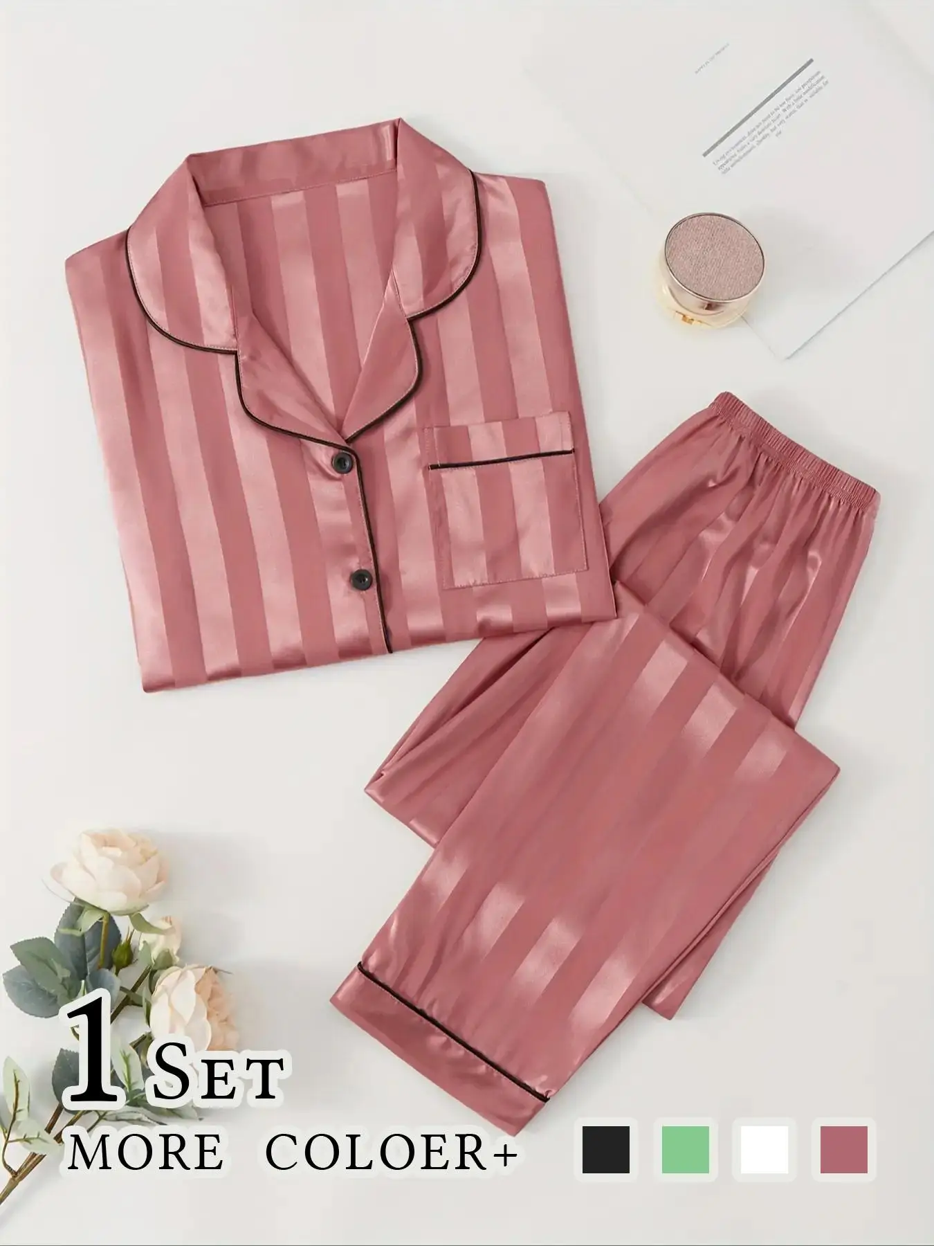 Women\'s Stripesd Autumn and Winter Cardigan Long-Sleeved Satin Pajamas Set 2 Piece Set Elegant Home Casual Imitation Silk Pants