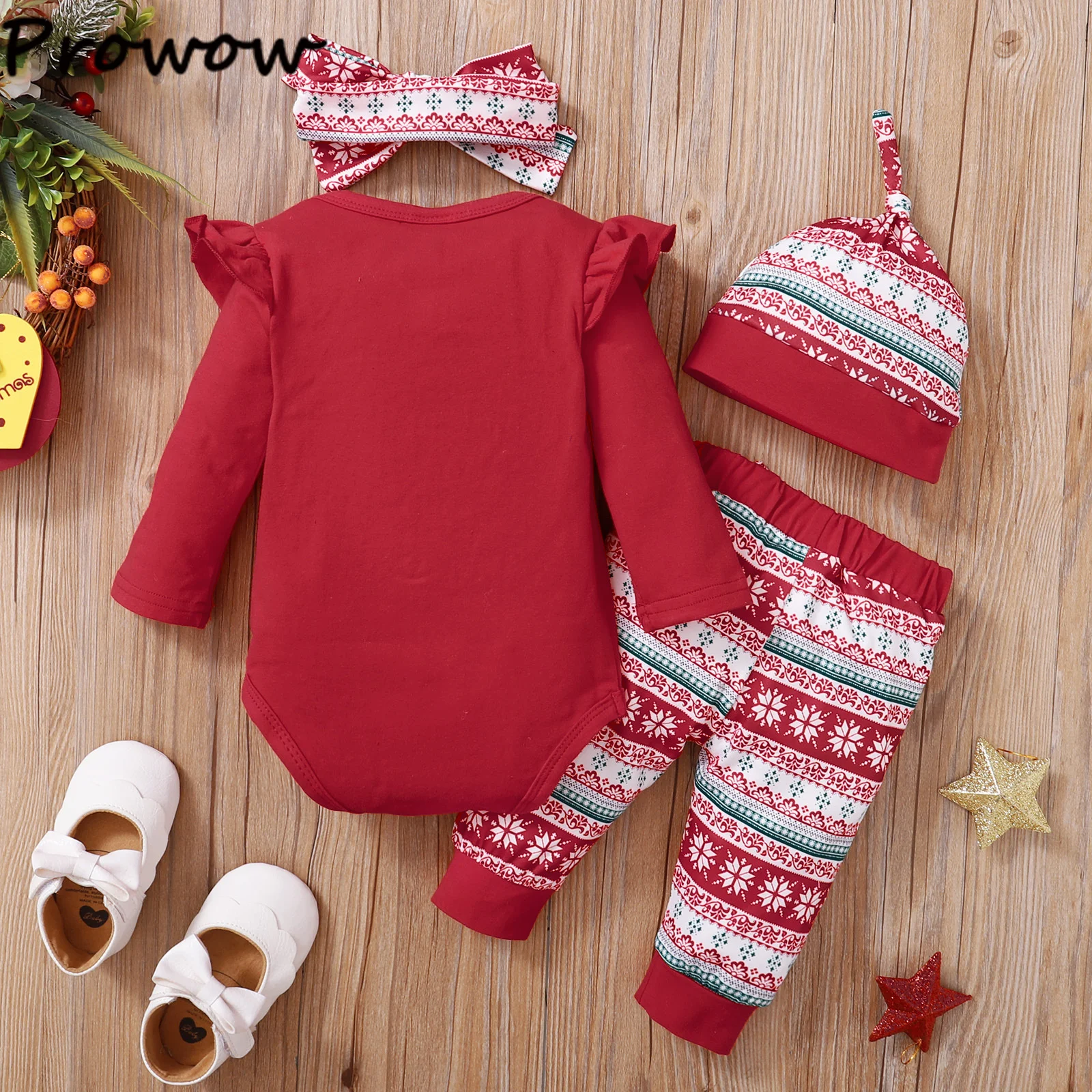 Prowow 4pcs Sets My First Christmas Baby Outfits Red Letter Romper+Pants+Hat+Headband Newborns New Year Costume For Babies