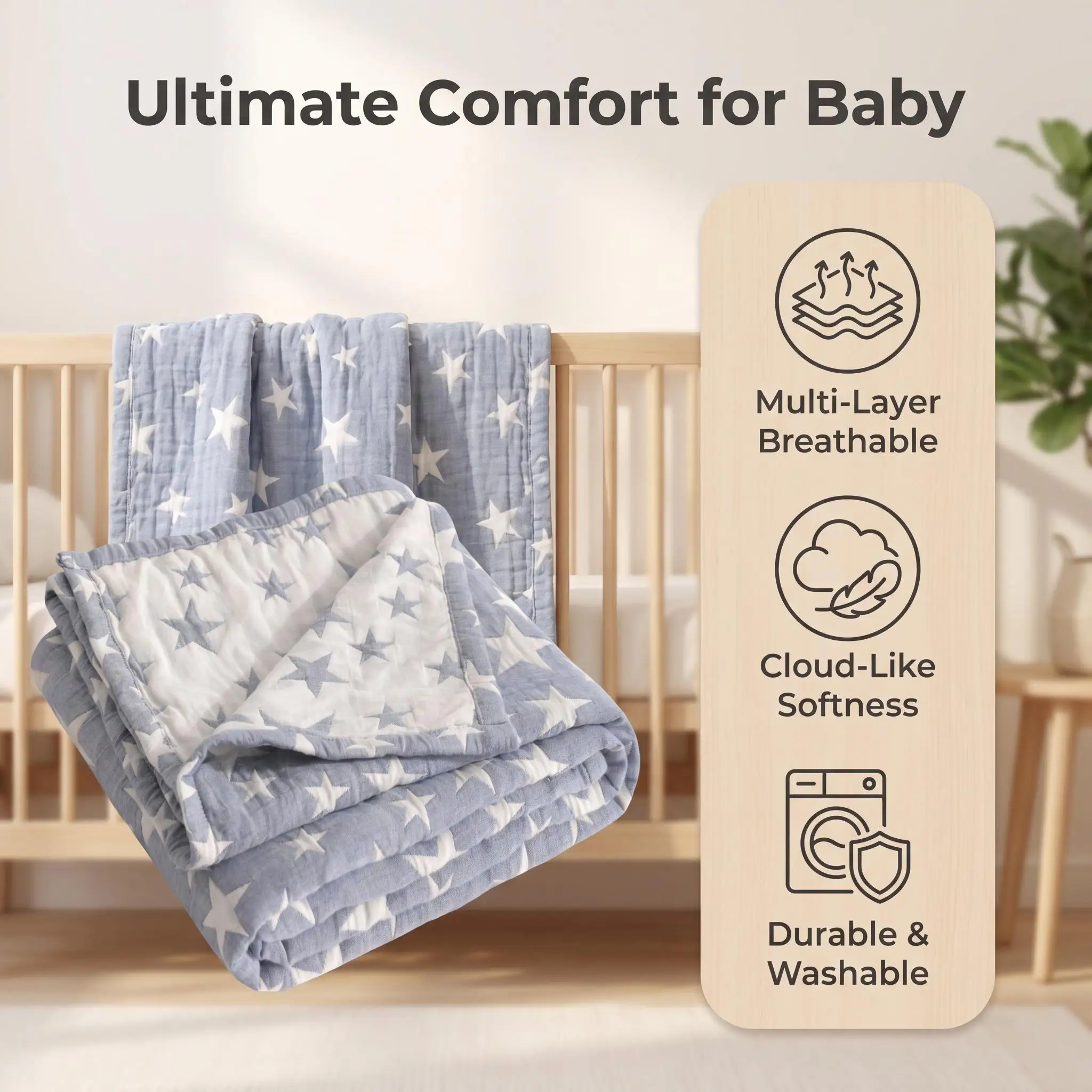 3-Layer Cotton Muslin Throw Blanket Ultra Soft Lightweight Breathable Skin-Friendly Gauze Blanket for Sofa Bed Couch Travel Nap All Season Summer Air Condition Bedspread Kids Adults Blue Gift