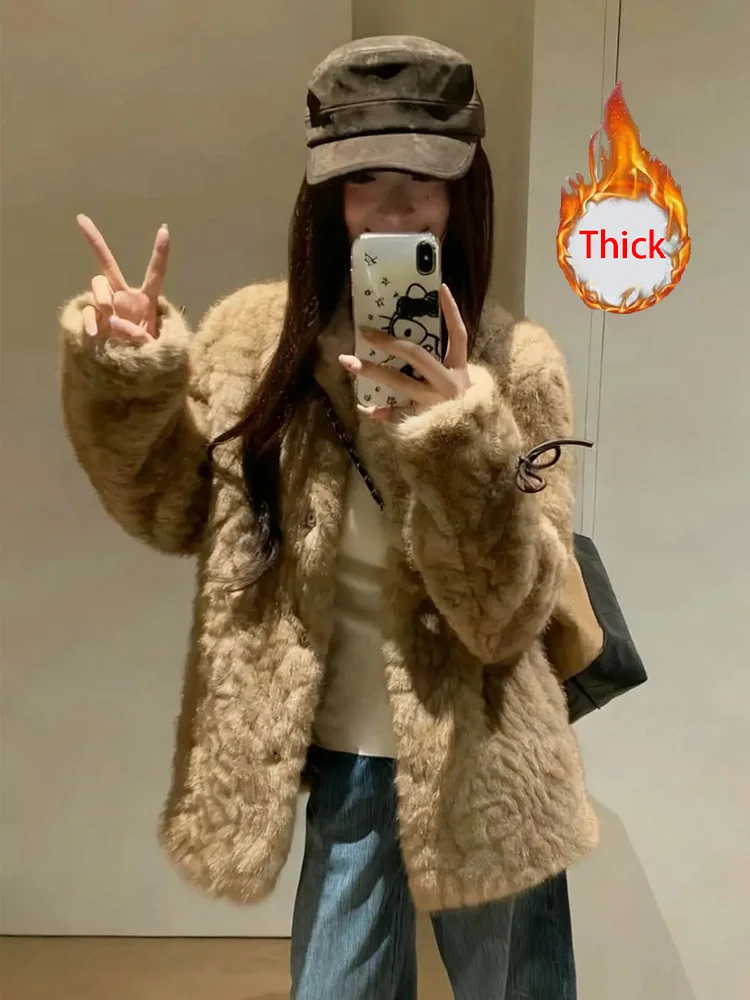 

Коричневое пальто из искусственной лисы, женская винтажная толстая теплая зимняя куртка в Корейском стиле с круглым вырезом и длинным рукавом из искусственной лисы, женские однотонные элегантные топы в стиле ретро