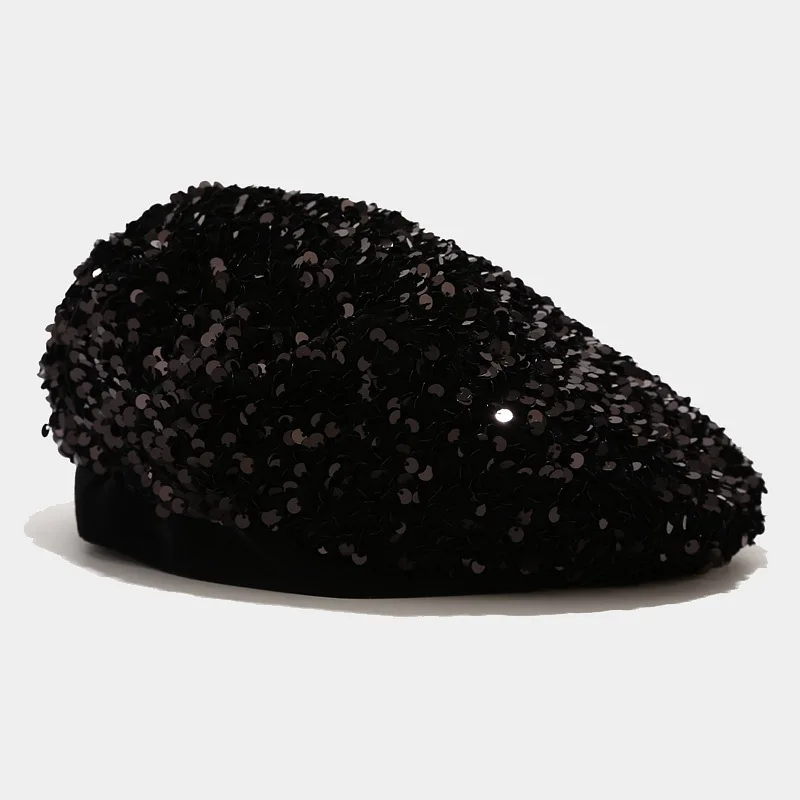 Korean-style fashion satin sequin hat without a top brim. Adjustable with a strap. Suitable for stage performances.