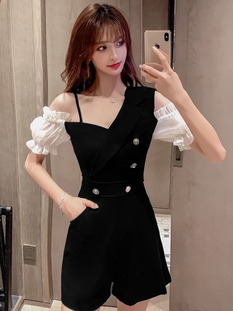 

New Summer Irregular Ladies Contrast Design Jumpsuit Sweet Puff Sleeve Slim Rompers Shorts High Waist Wide Leg Jumpsuit