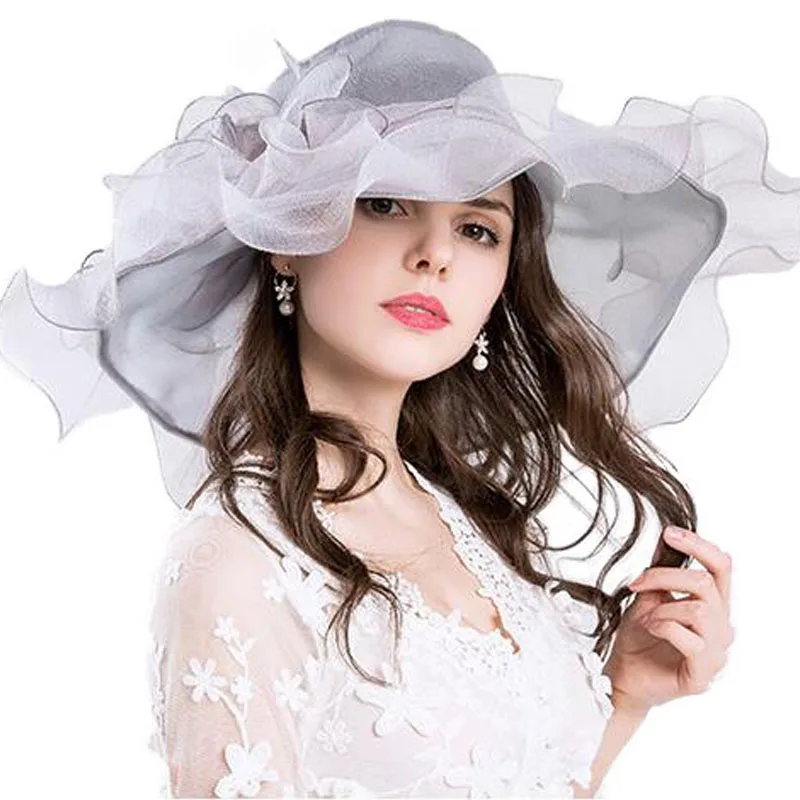 FS 2024 Vintage Pink Organza Kentucky Derby Hats For Women Big Beach Hats Flower Sun Hat Wide Brim Fedoras Foldable